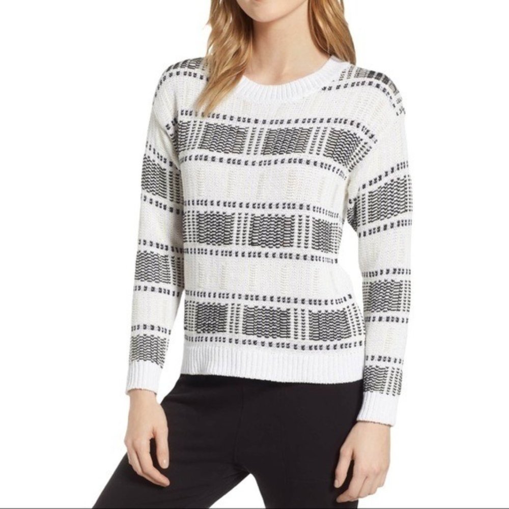 LOU & GREY Plaid Crew Neck Sweater - XS - NWT White/Black